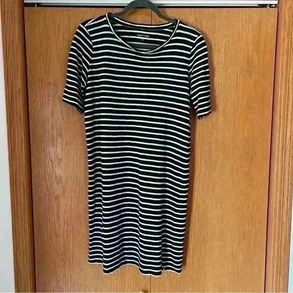 Eileen Fisher White Striped T-Shirt Dress  Organic  Midi Short Sleeve